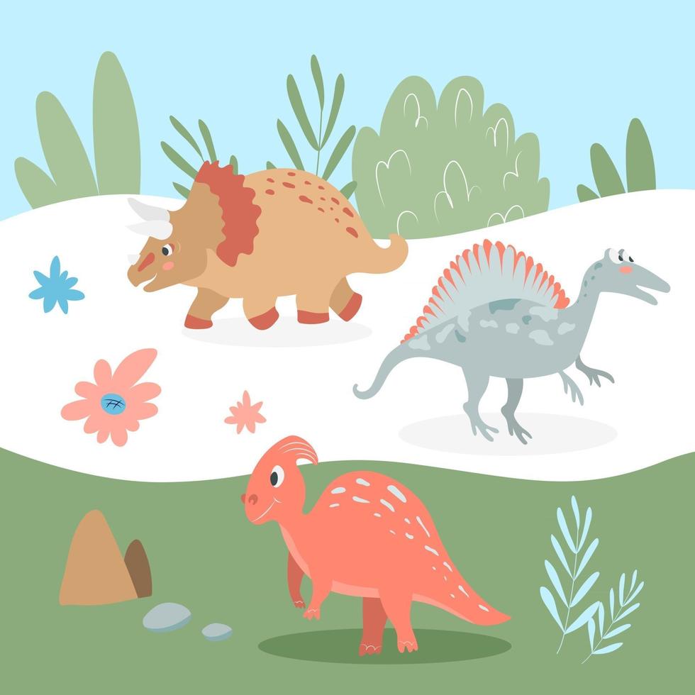 Conjunto de lindos dinosaurios carnívoros y herbívoros en el fondo vector