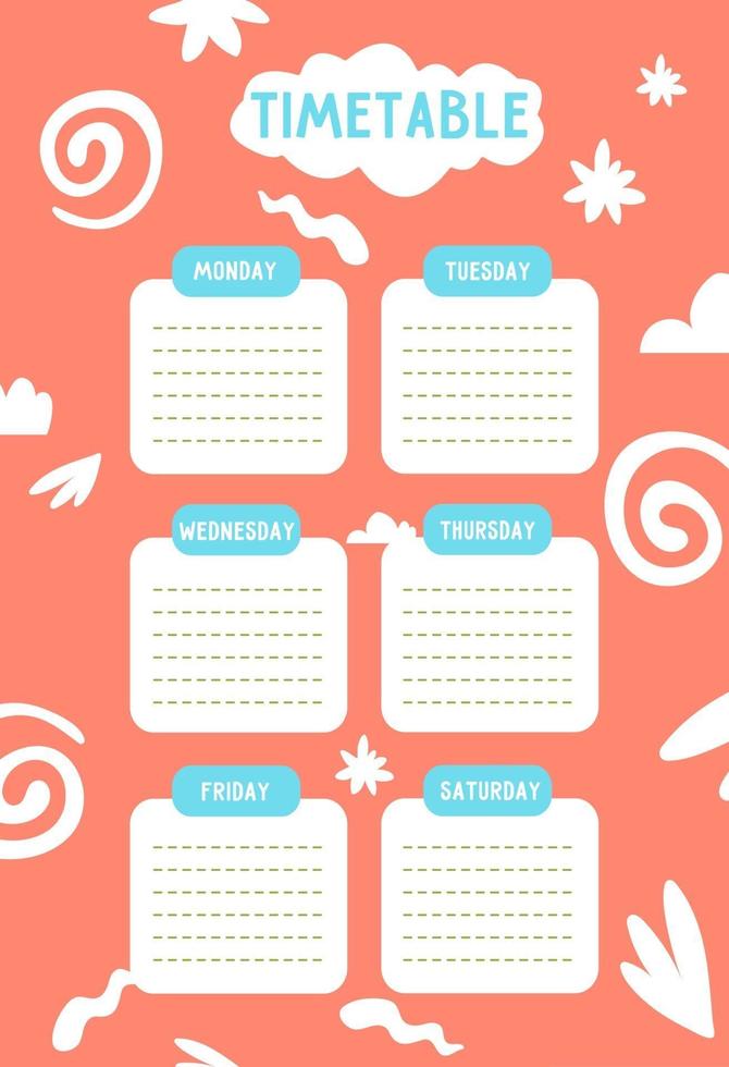Kids school timetable template for the week vector