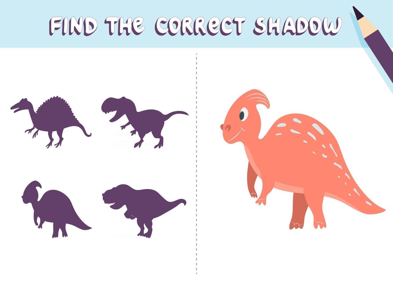encuentra la sombra correcta. lindo dinosaurio. vector