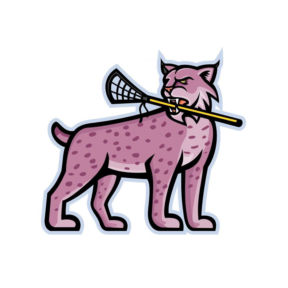 lynx cat standing with lacrosse stick mascot retro vector
