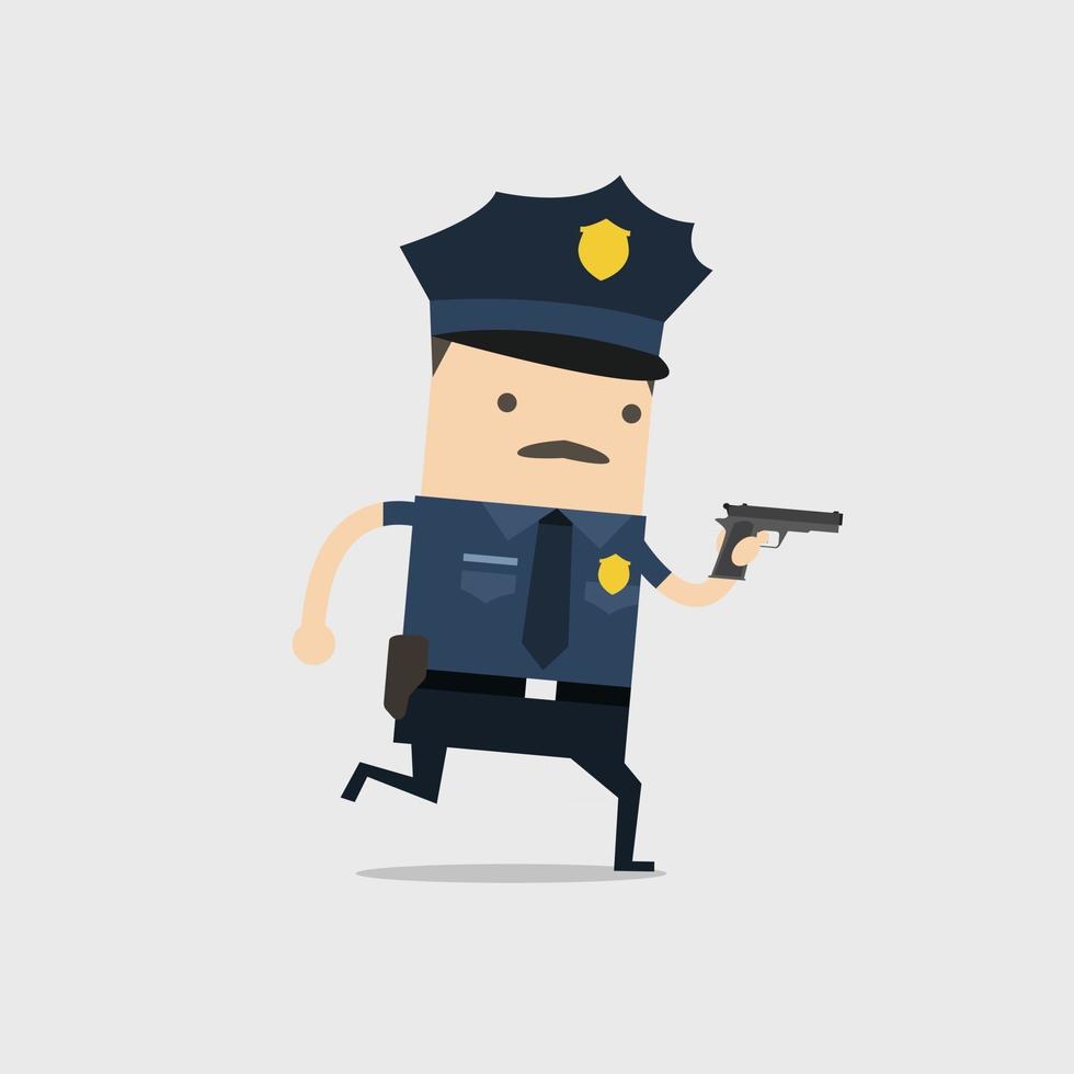 The police ran with a gun in his hand. Funny cop cartoon character. vector