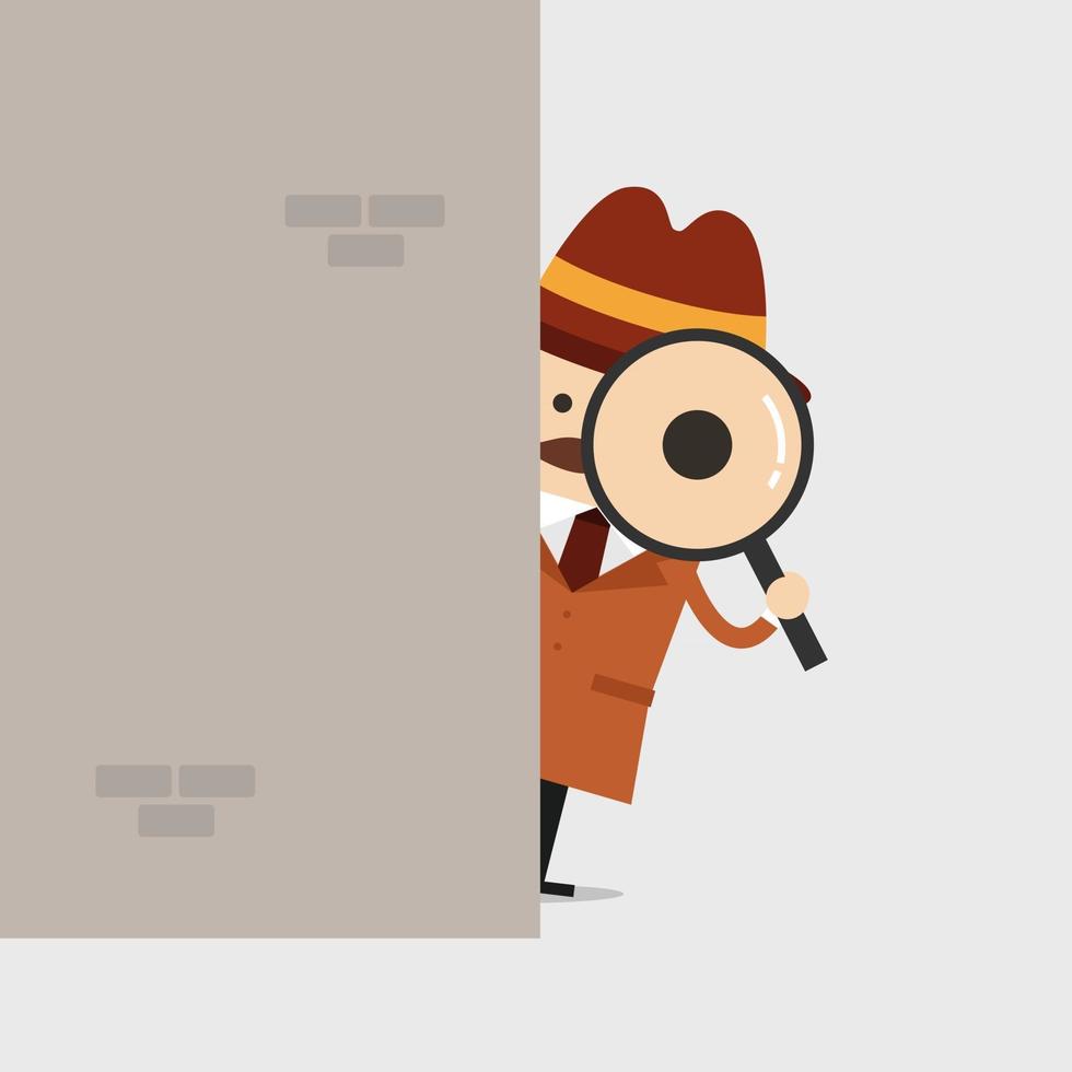 detective sosteniendo una lupa detrás de la pared. vector