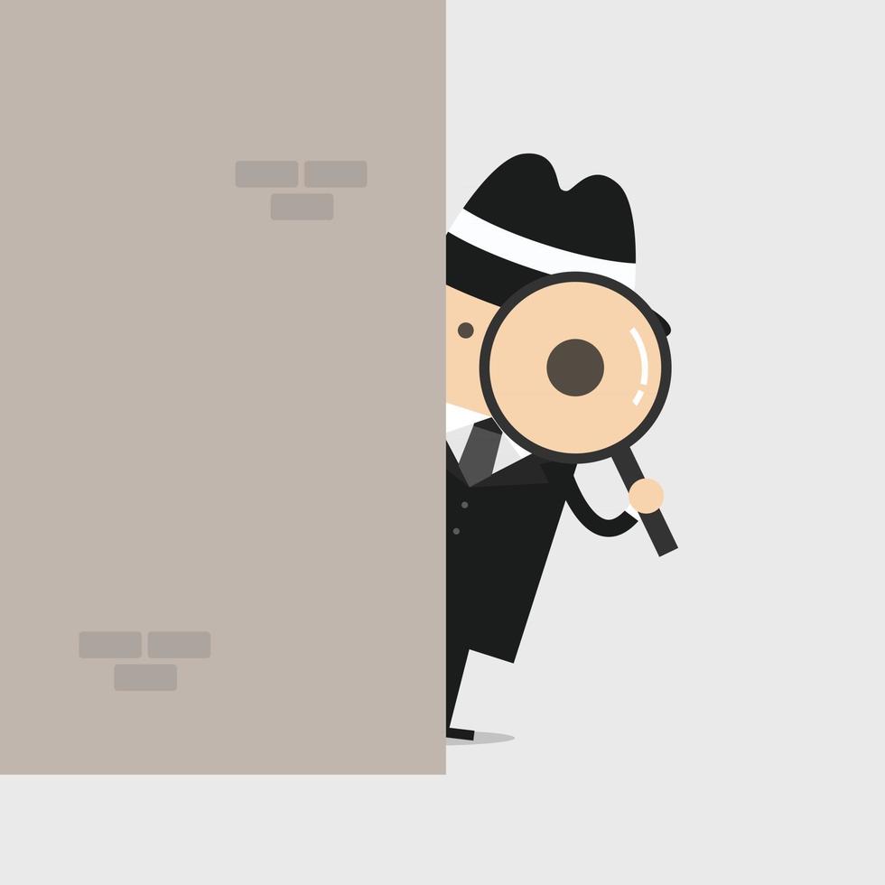 detective sosteniendo una lupa detrás de la pared. vector