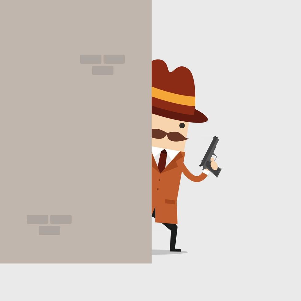 Detective holding a gun behind the wall. vector