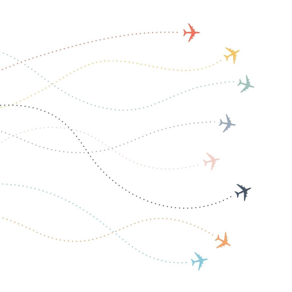 Colorful Airplane line path. Dotted lines flight paths of airline. vector