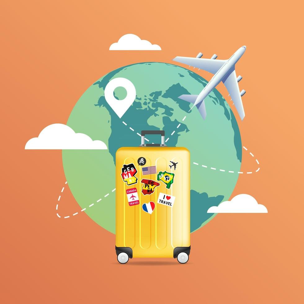 Plane flying around the world with yellow luggage. Travel planning. vector