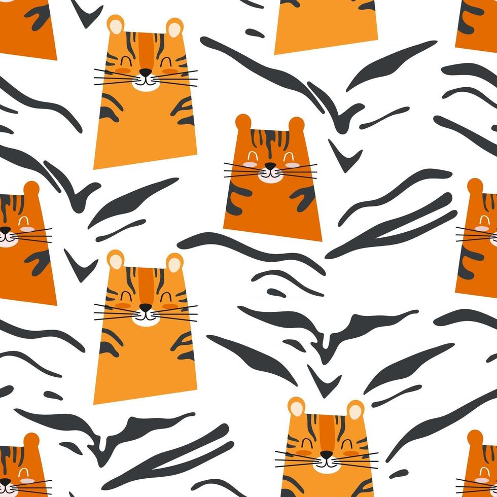 Seamless pattern with cute orange tigers and black striped print vector
