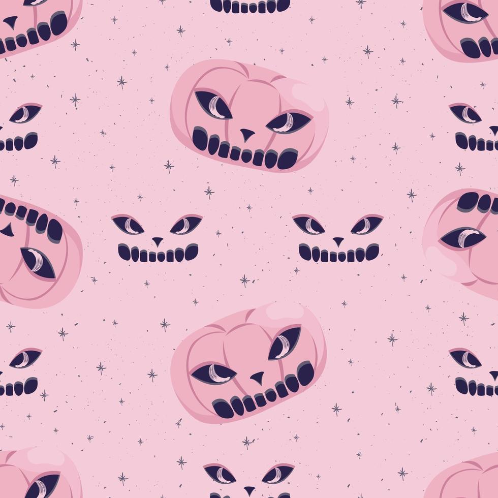 patrón sin fisuras con calabaza rosa y cara de miedo para halloween vector
