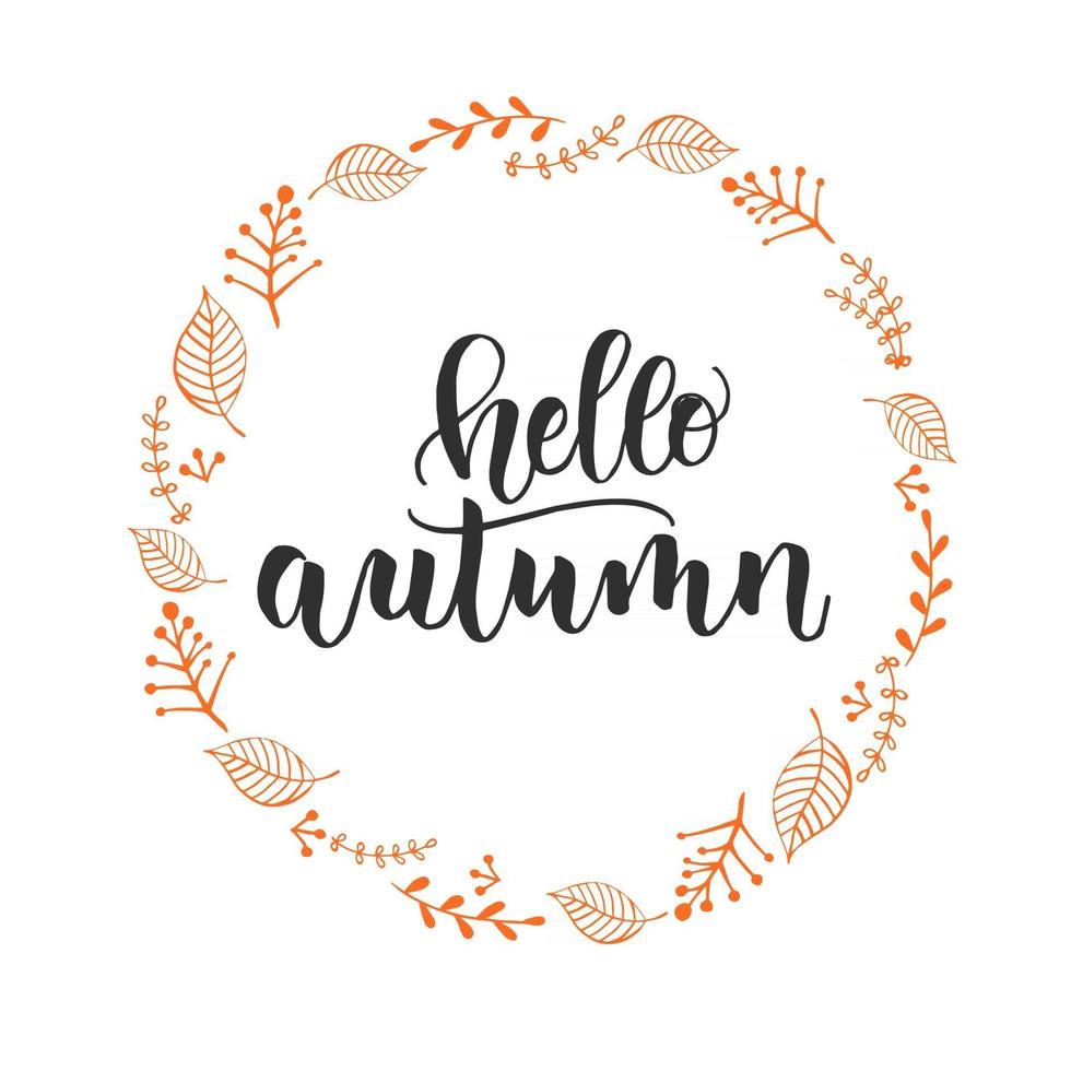 Autumn lettering calligraphy phrase - Hello Autumn. Invitation Card vector