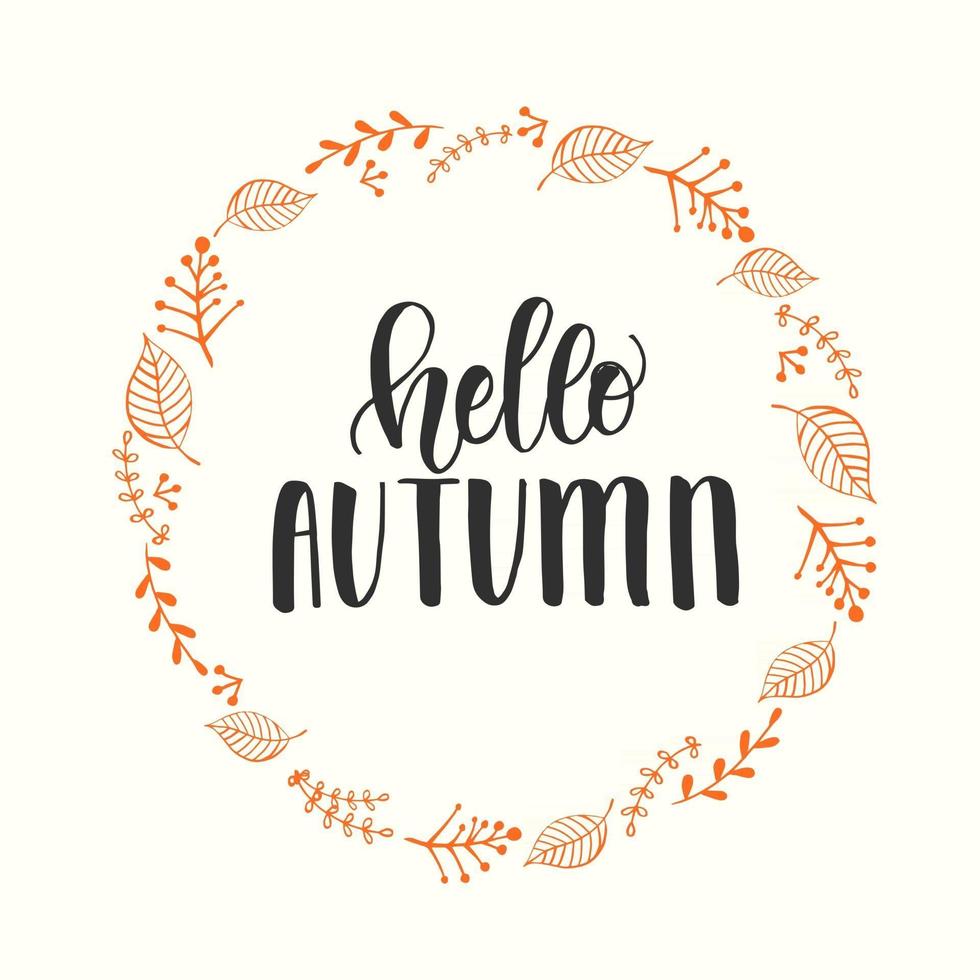 Autumn lettering calligraphy phrase - Hello Autumn. Invitation Card vector