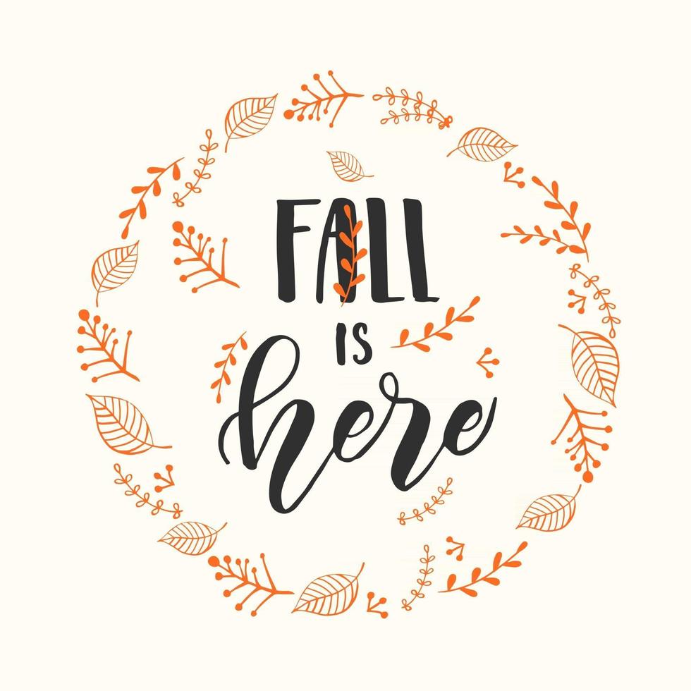 Autumn lettering calligraphy phrase - Fall is here. vector