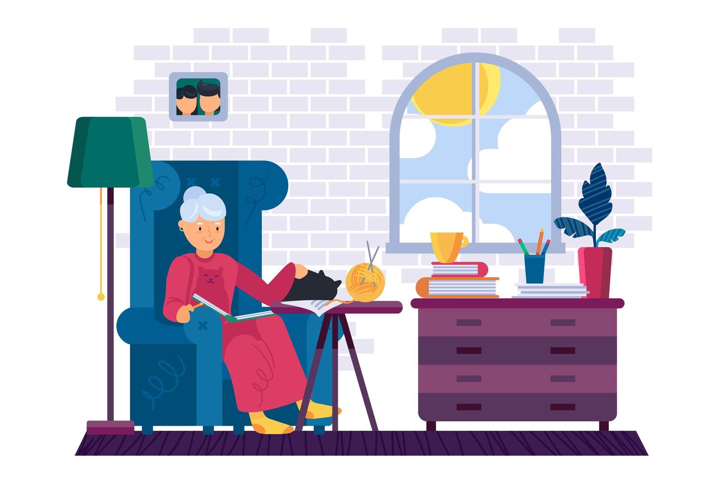Grandma reading interesting book at home vector