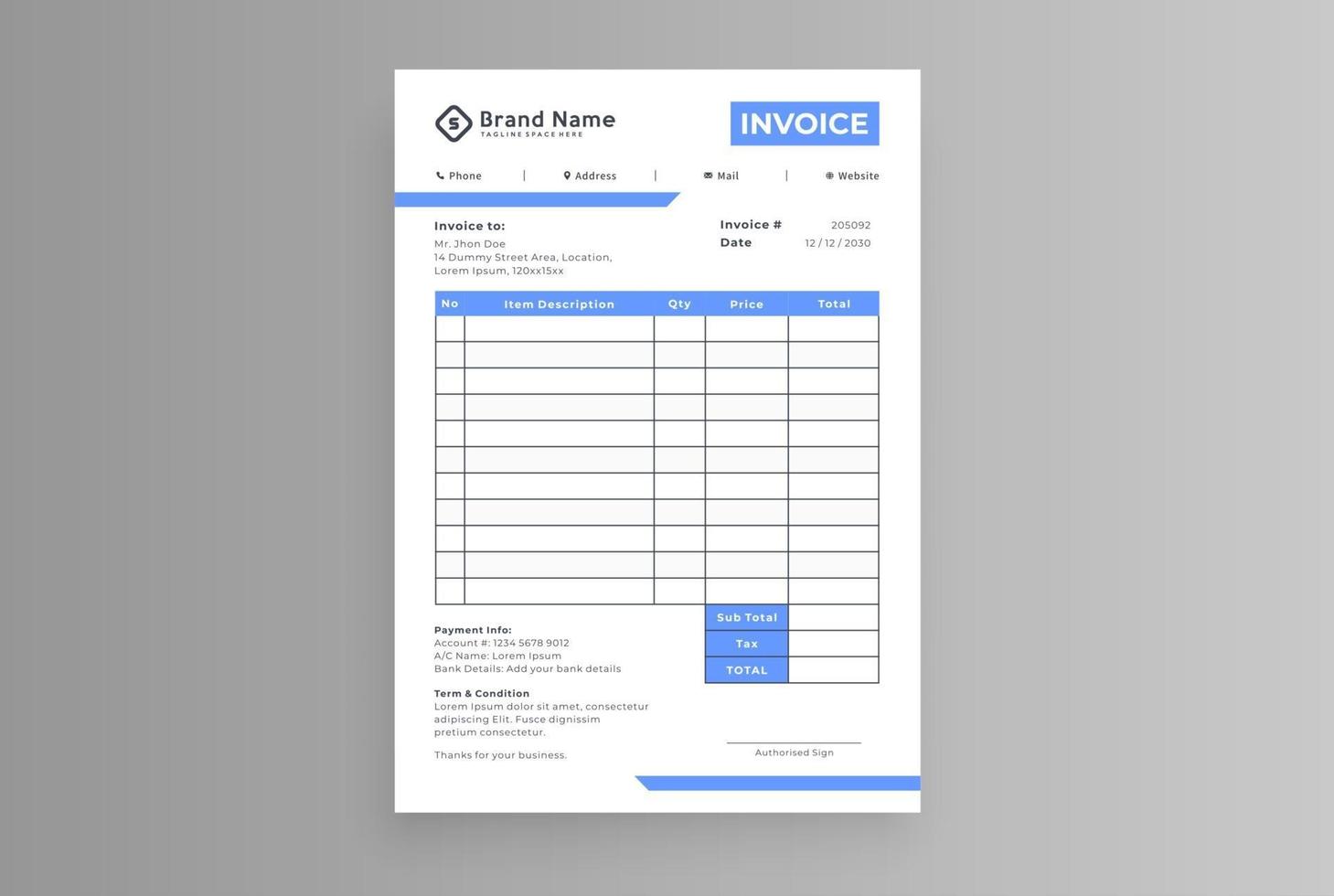 Business invoice design with blue details vector