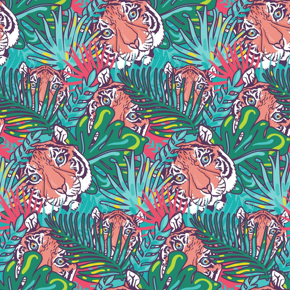 Tiger and foliage forest seamless pattern vector