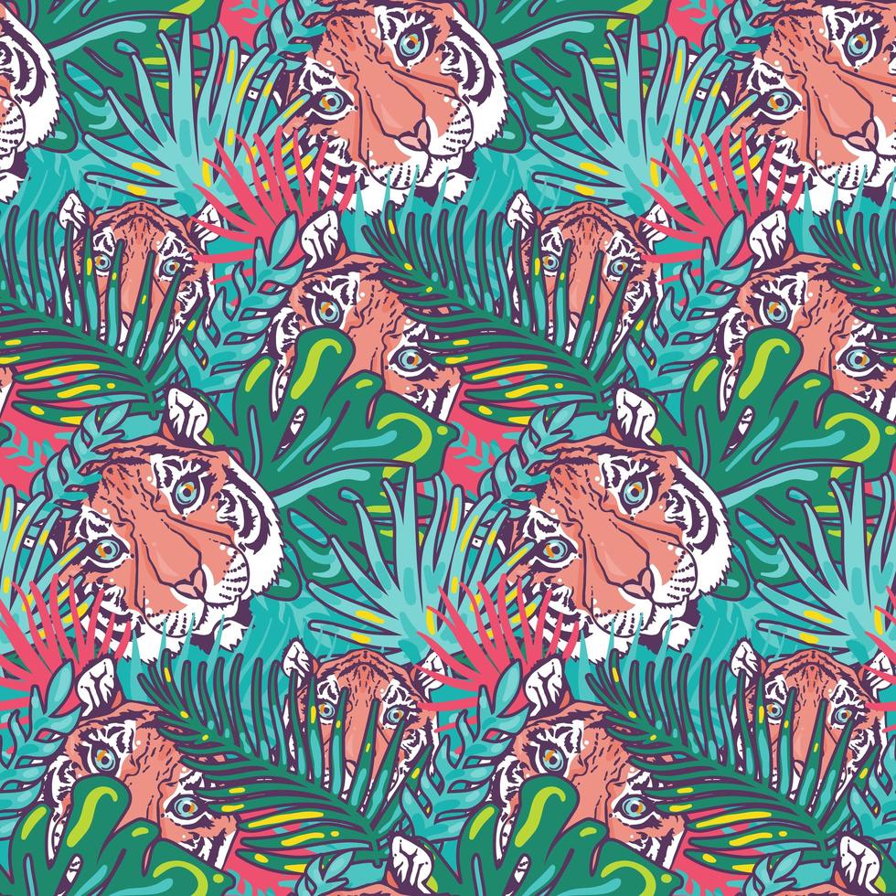 Tiger and foliage forest seamless pattern vector