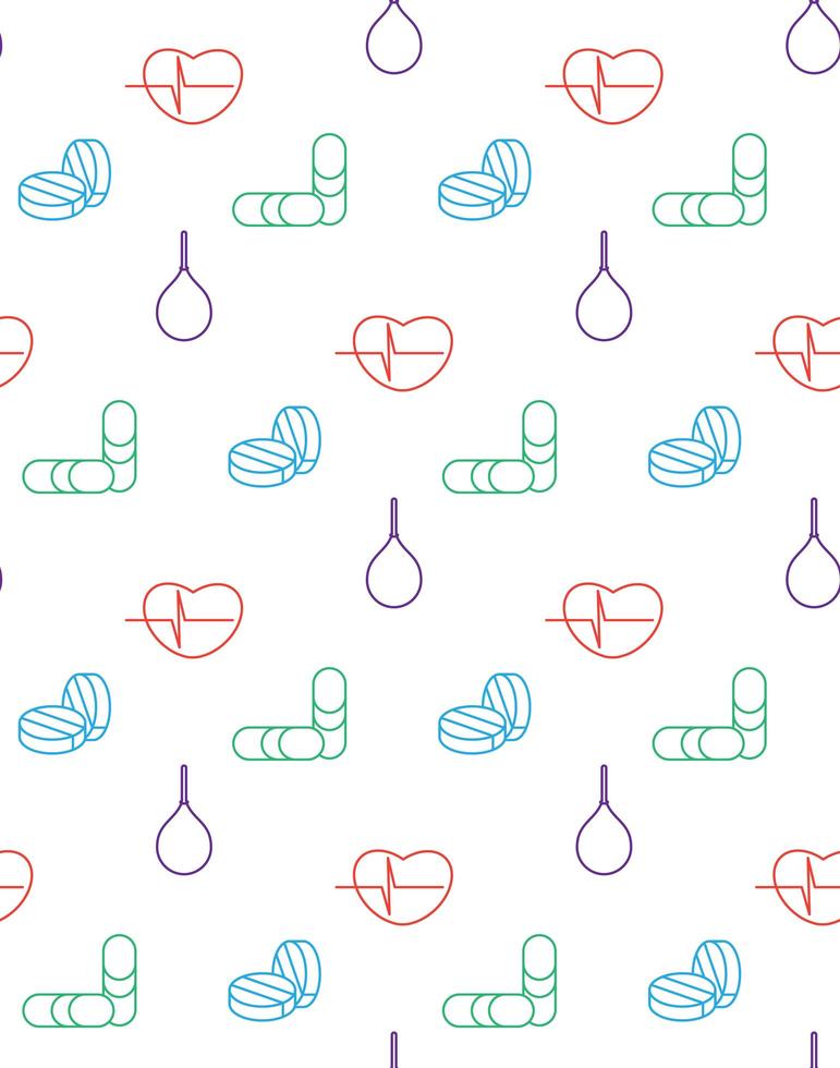 Medicine icons seamless pattern from cardiogram, pill, enema. Vector