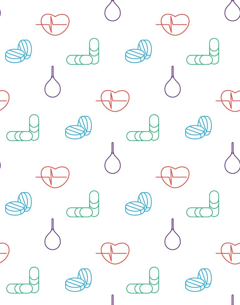 Medicine icons seamless pattern from cardiogram, pill, enema. Vector