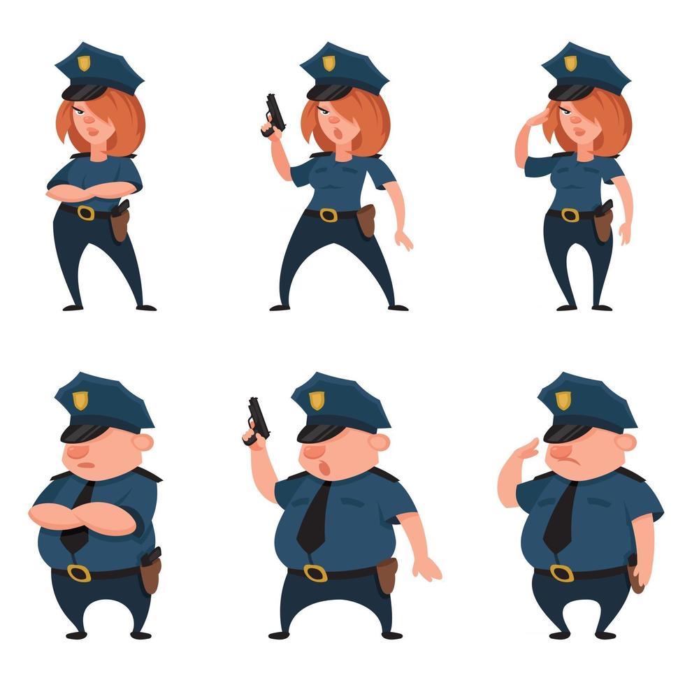 policías en diferentes poses. personajes masculinos y femeninos. vector