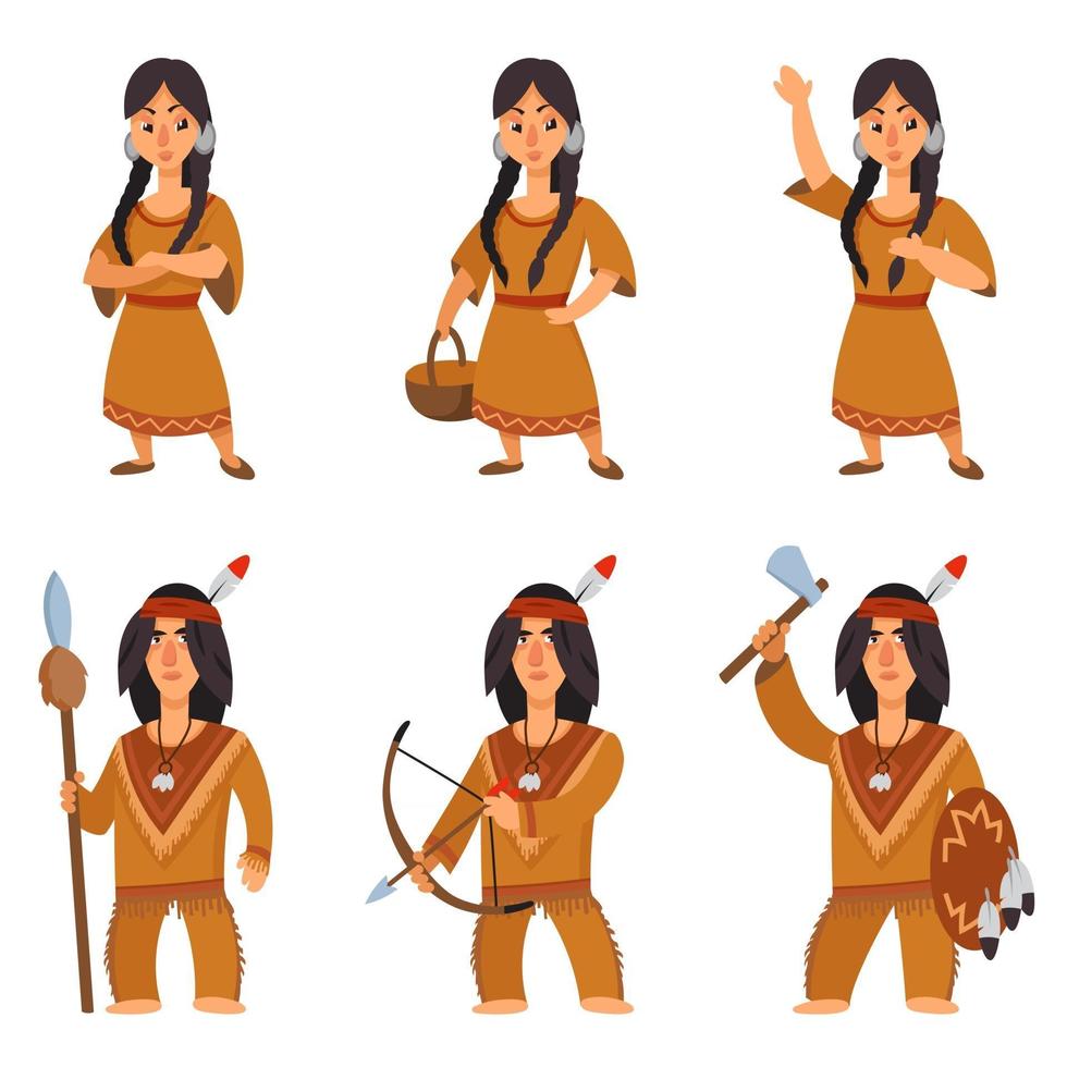 Set of native americans in different poses. vector