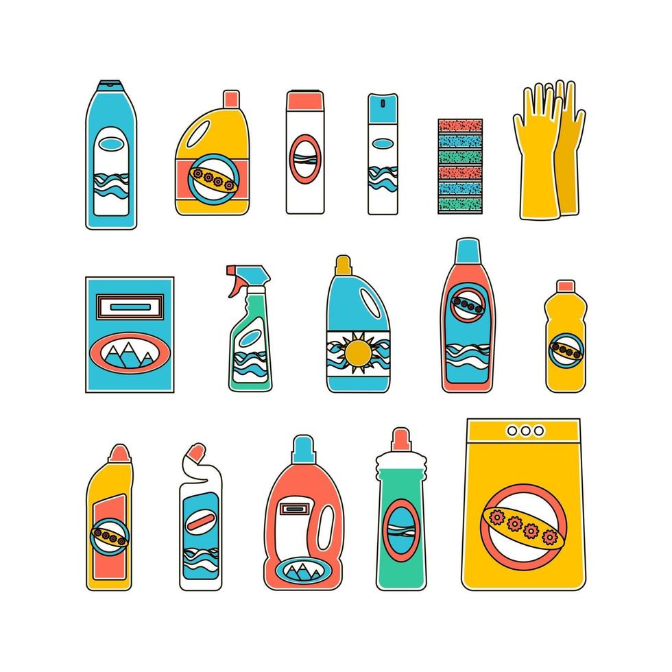 Household supplies and cleaning flat icons set vector