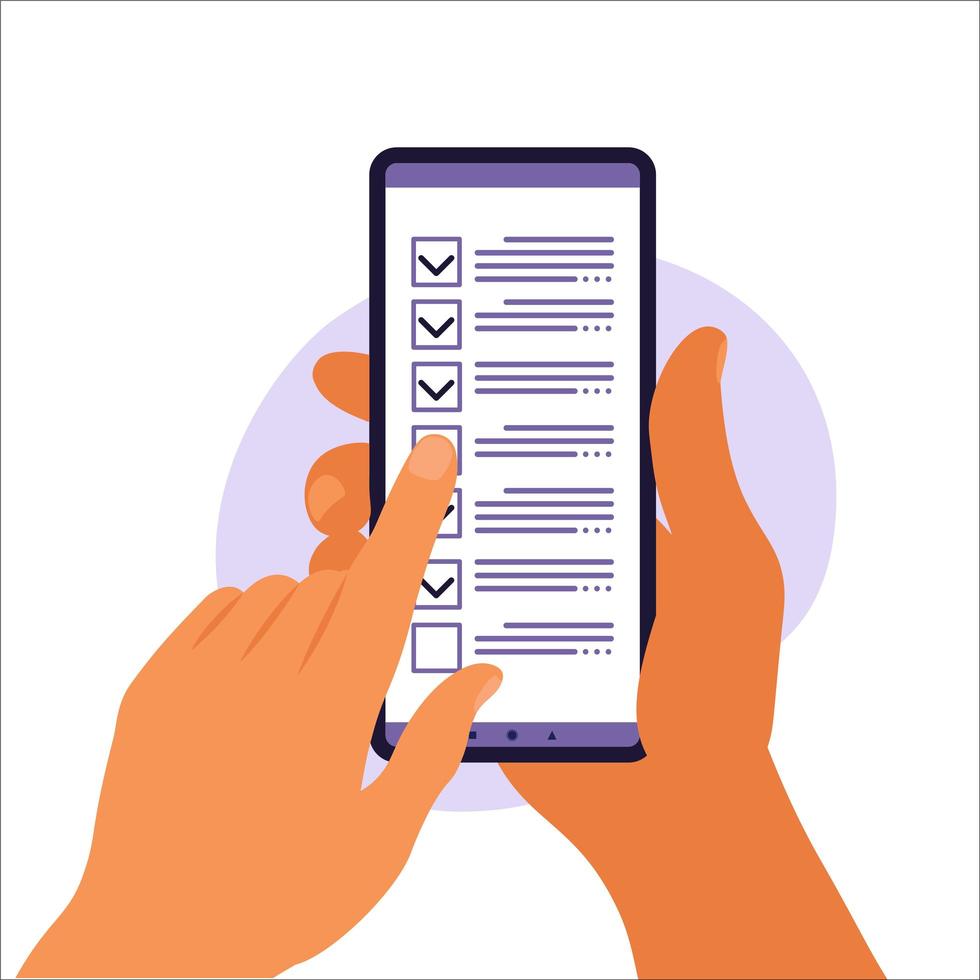 Checklist on smartphone screen. Online survey concept. vector