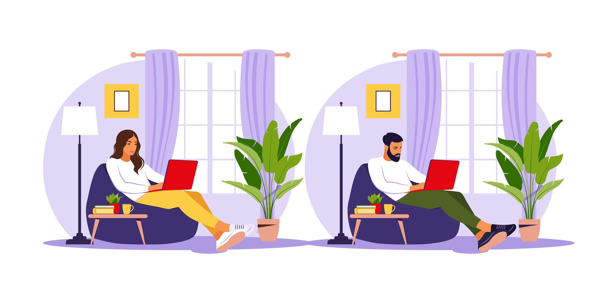 Man and woman sitting with laptop on bean bag chair. vector