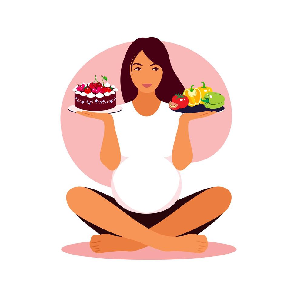 Pregnant woman chooses between healthy food or fast food. vector