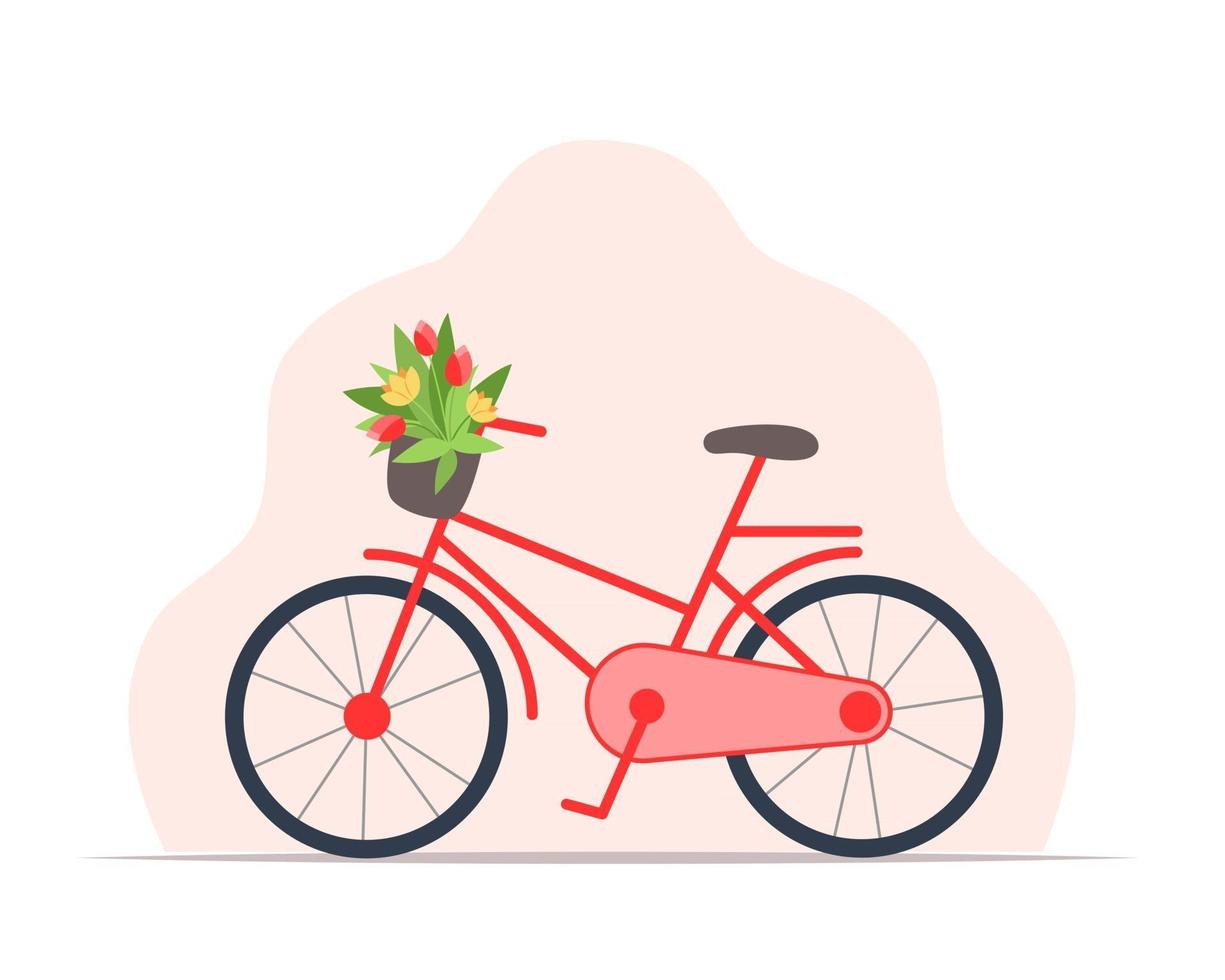 Women's red bicycle with a basket of flowers vector