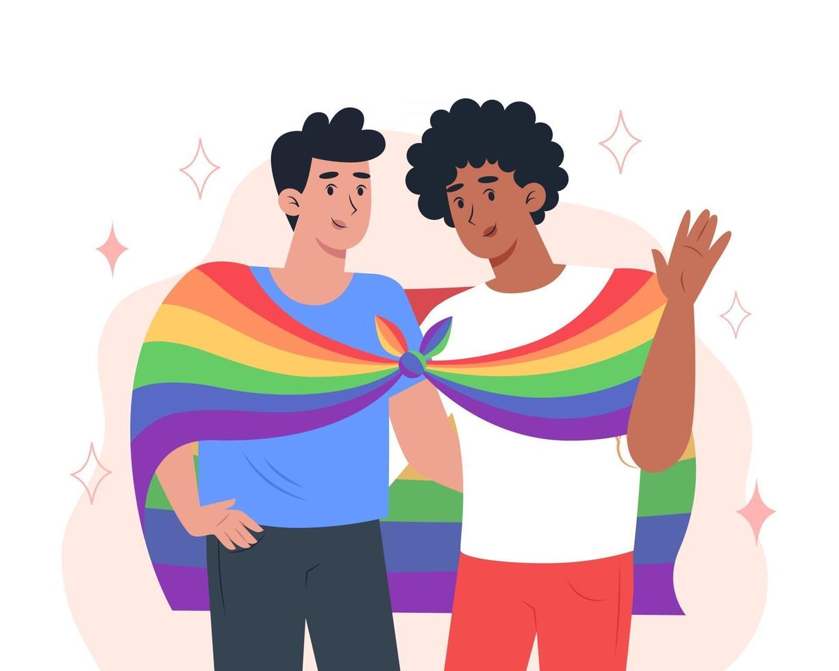 Young men couple hug each other and hold a rainbow LGBT pride flag vector