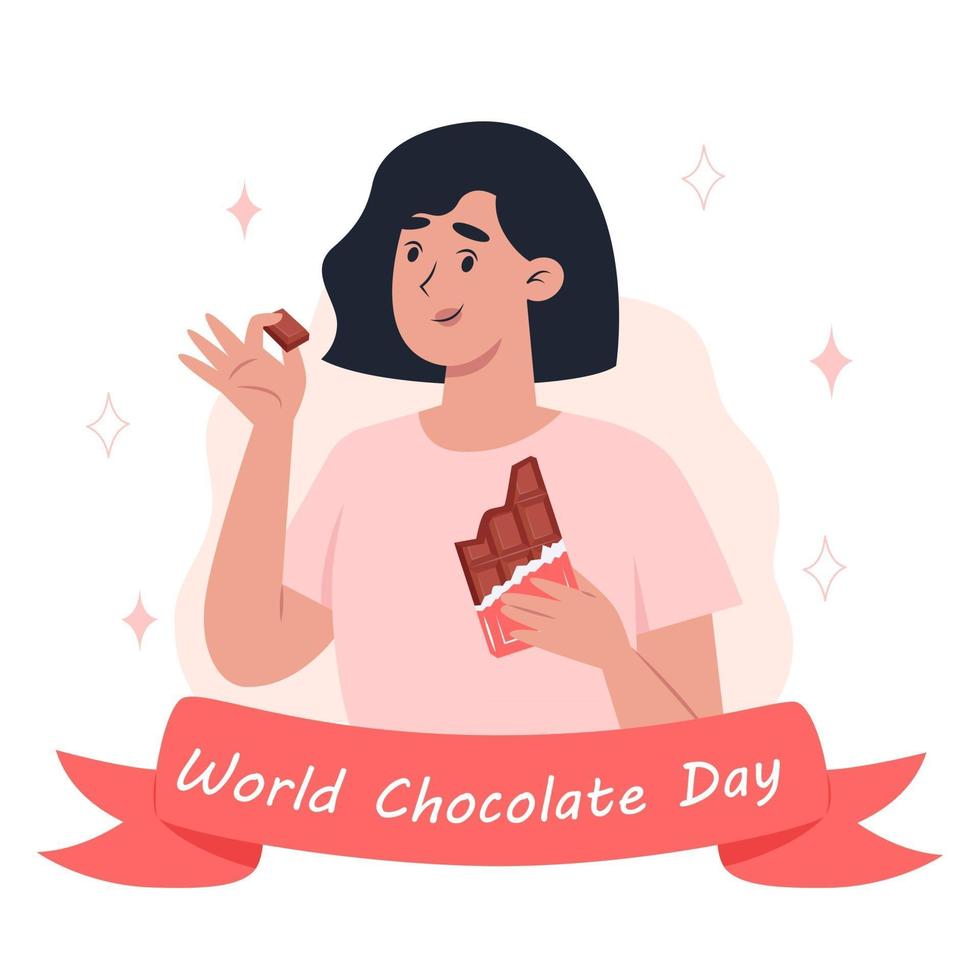 día mundial del chocolate, una mujer joven comiendo una barra de chocolate vector