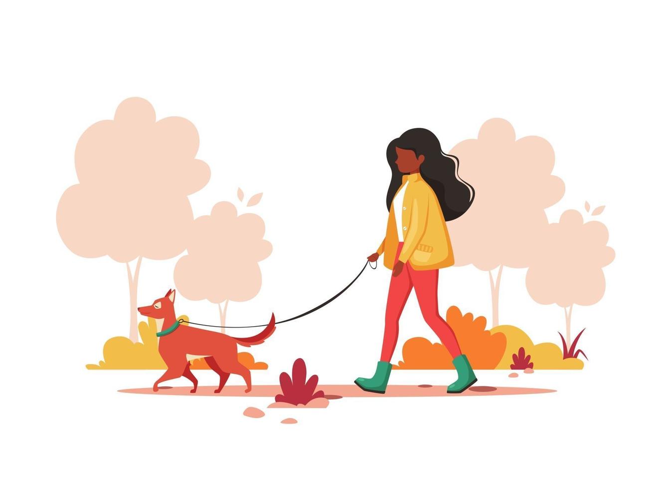 Black woman walking with dog in autumn park. Outdoor activity vector