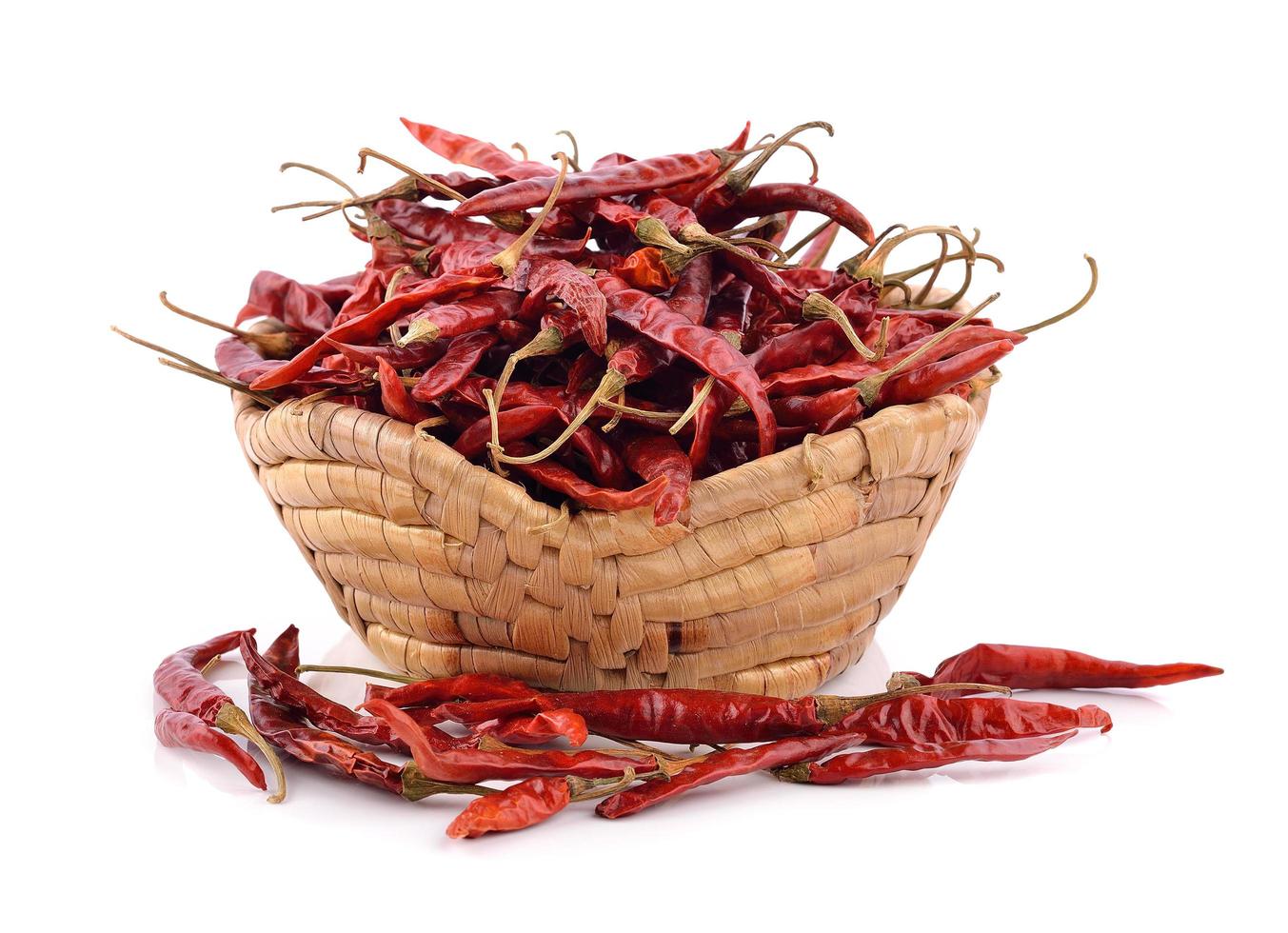 Dried chili in the basket on white background photo
