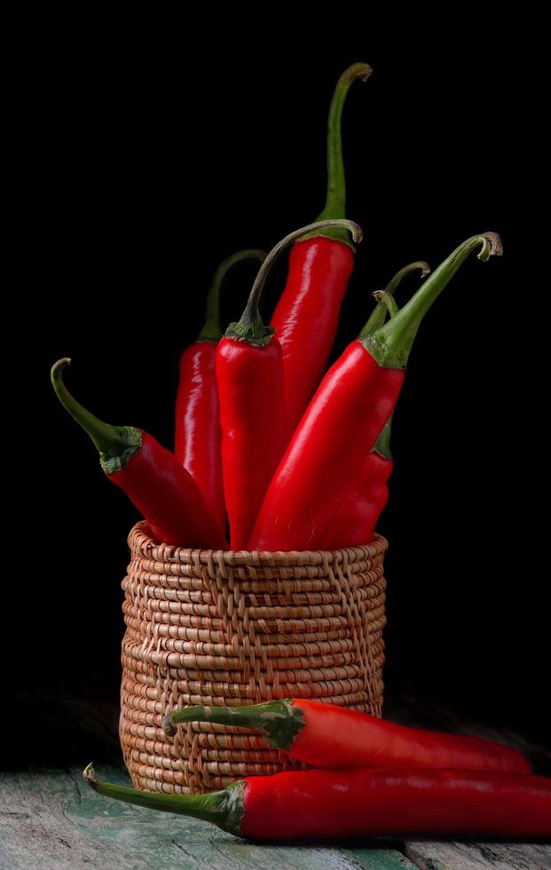 Basket full of red chili peppers on wood photo