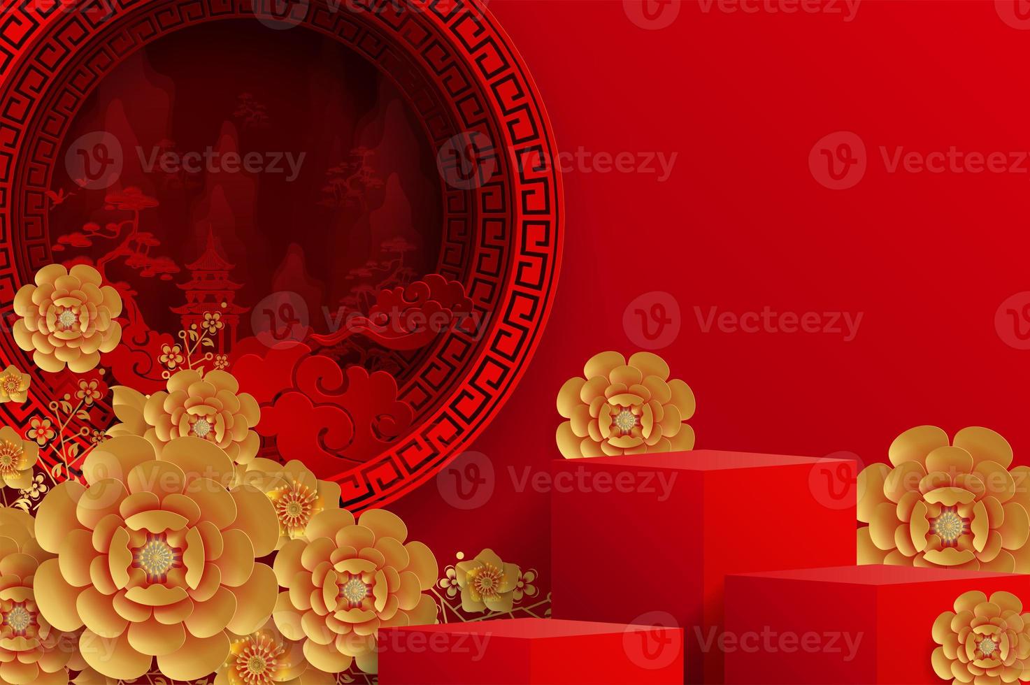 Podium round stage podium and paper art red Chinese photo