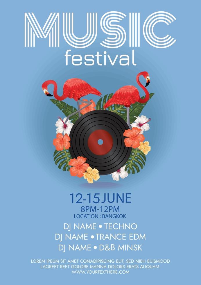 cartel del festival de música de verano tropical de flamencos y florales vector