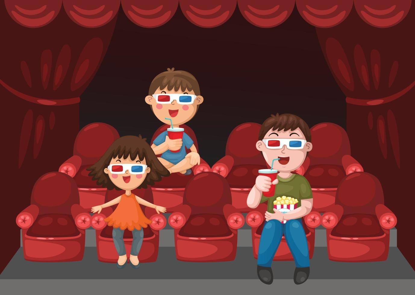 Illustration of isolated kids watching a movie with 3d glasses vector