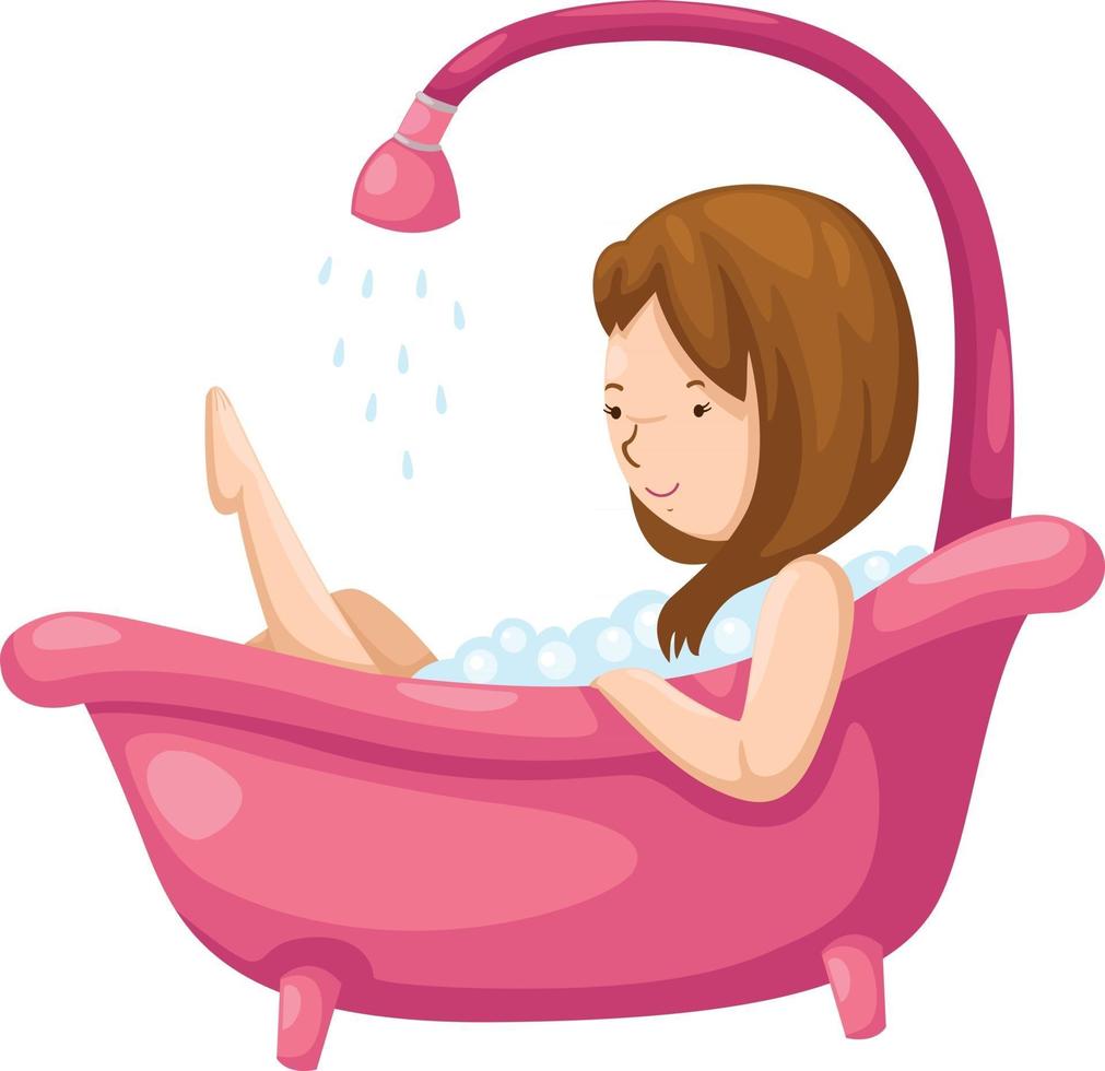 Mujer bañándose en la bañera ilustración sobre fondo blanco. vector