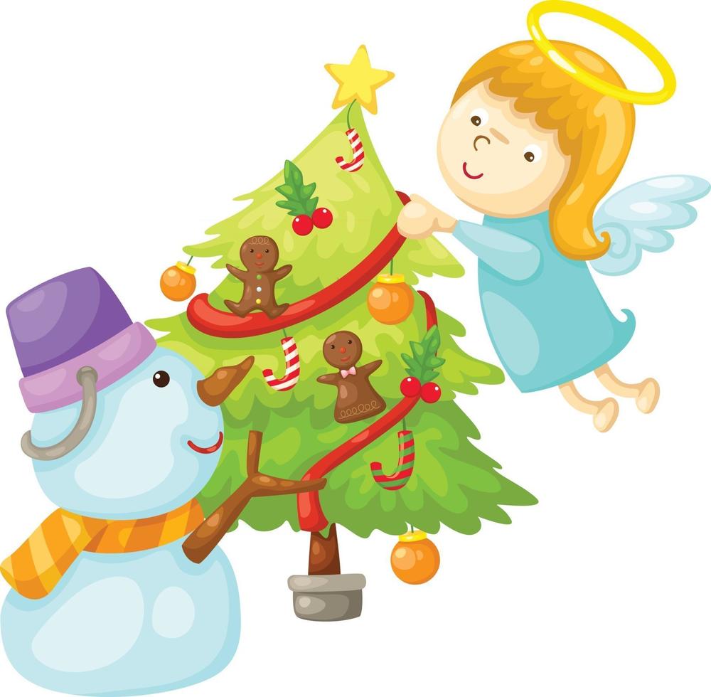 Snowman with angel tree christmas illustration vector