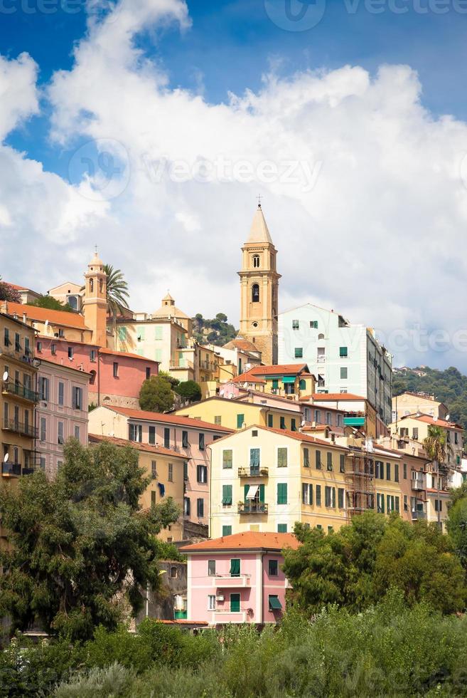 Ventimiglia village in Italy, Liguria Region, with a blue sky photo