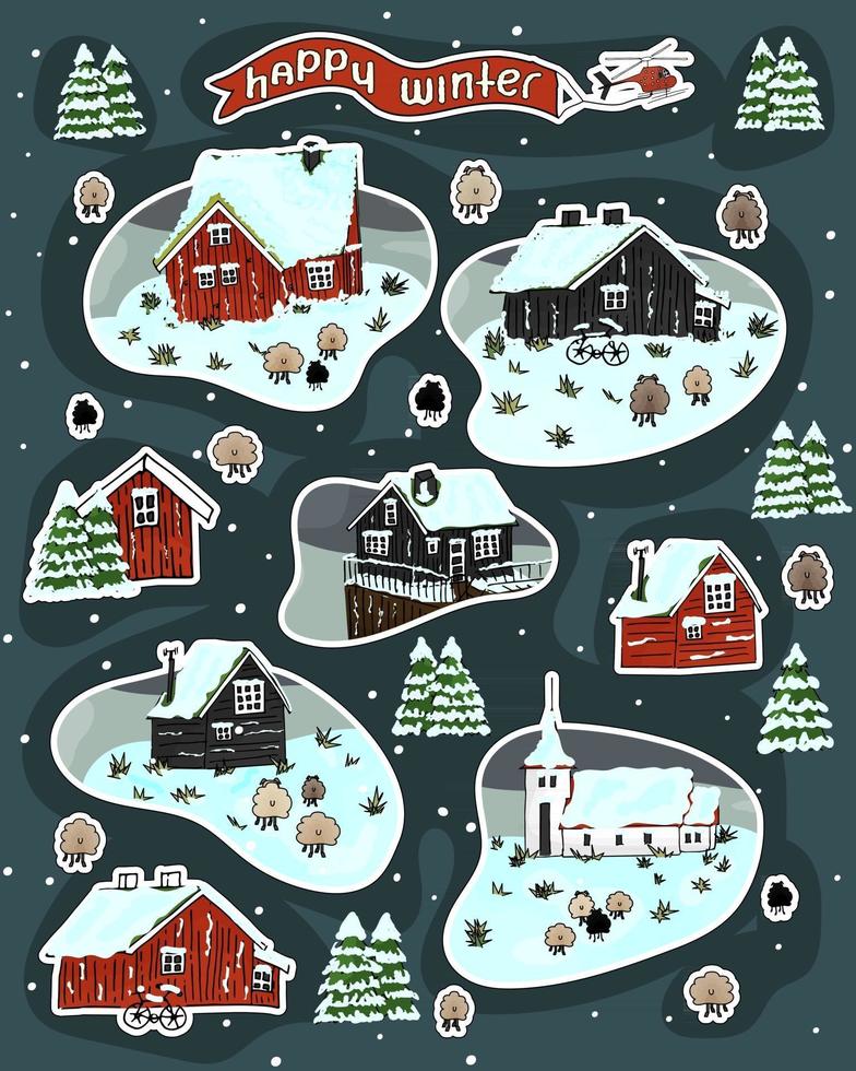 Set of snowy wooden scandinavian houses with grass on the roof vector
