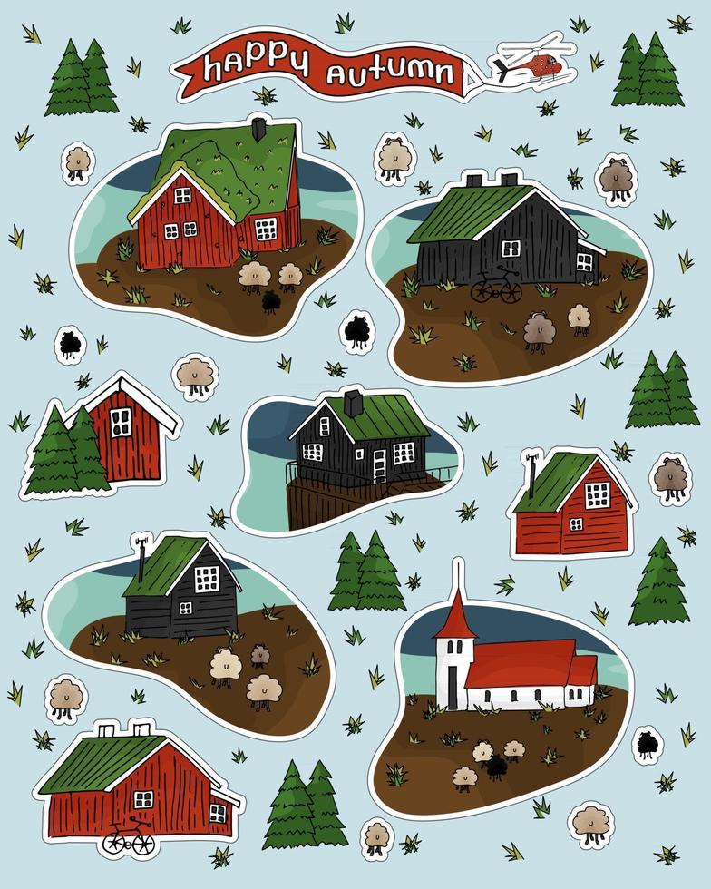 Happy autumn text of helicopter, set of wooden red and black houses vector