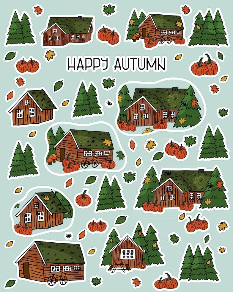Set of Brown hand drawn wooden houses. Autumn vector