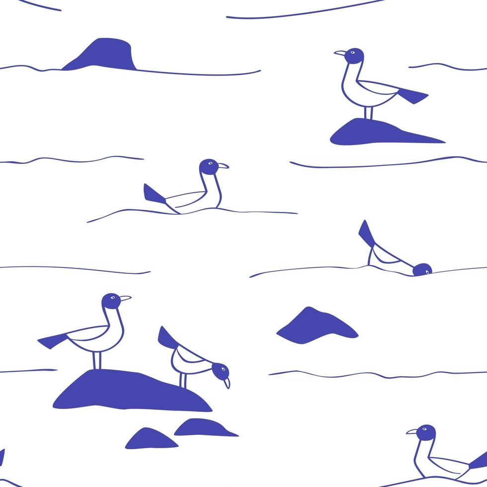 Seamless pattern of seagulls on the waves in the style of line art vector