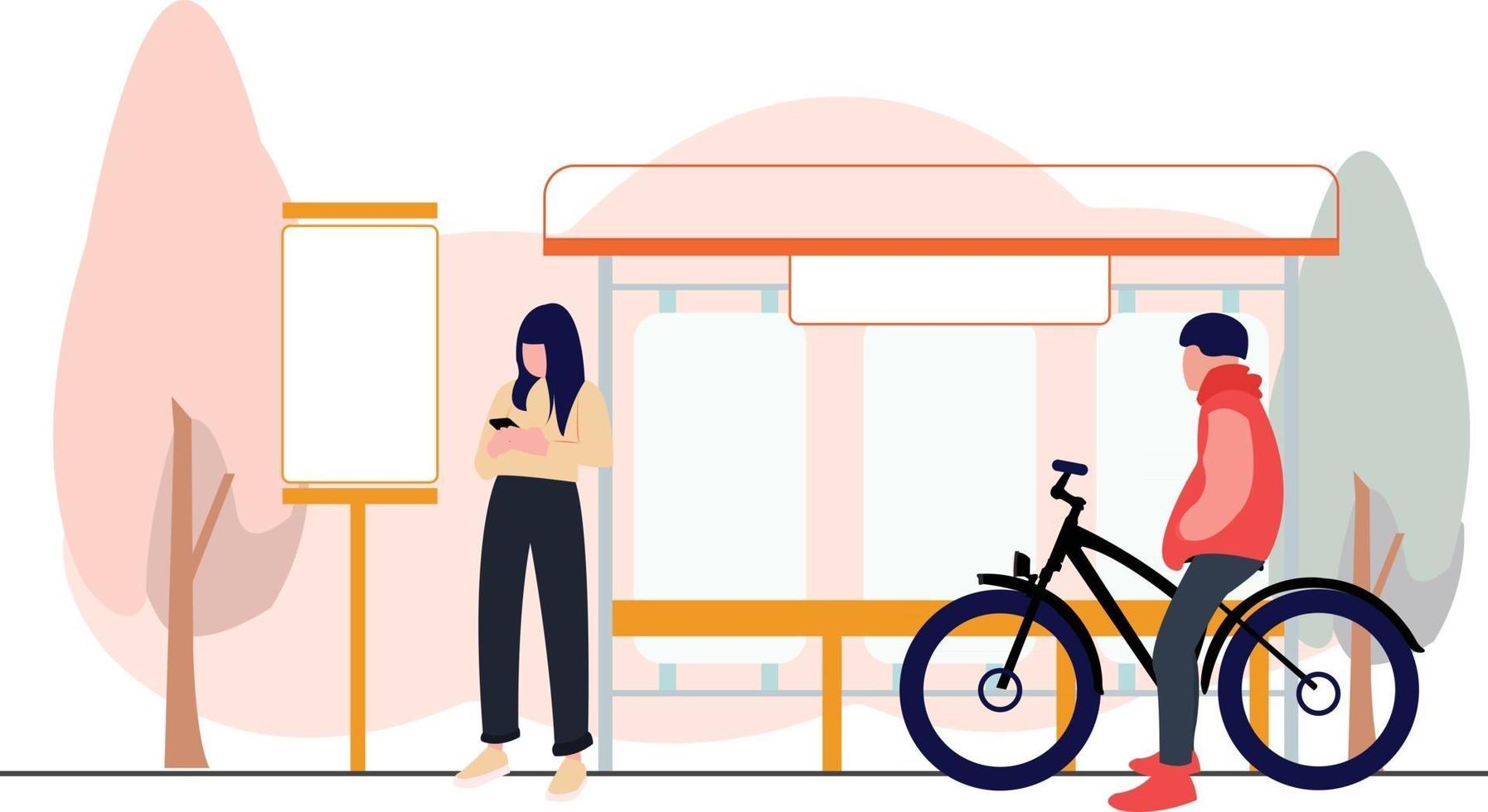 woman waiting for bus and man taking a break from cycling sport vector