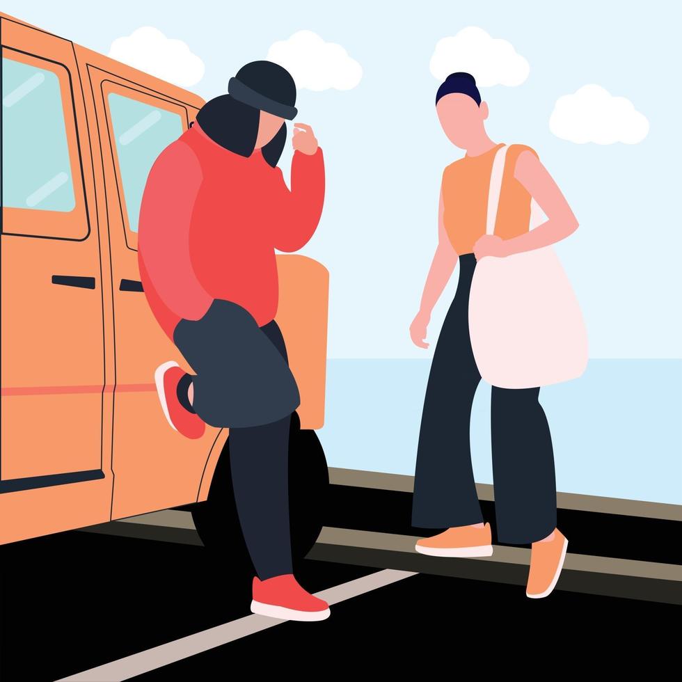 woman and man in style beside the car vector