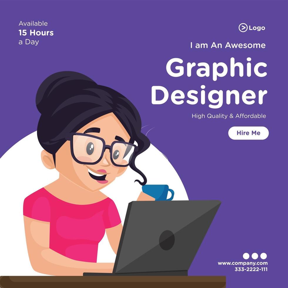 Banner design template with girl graphic designer working on a laptop vector