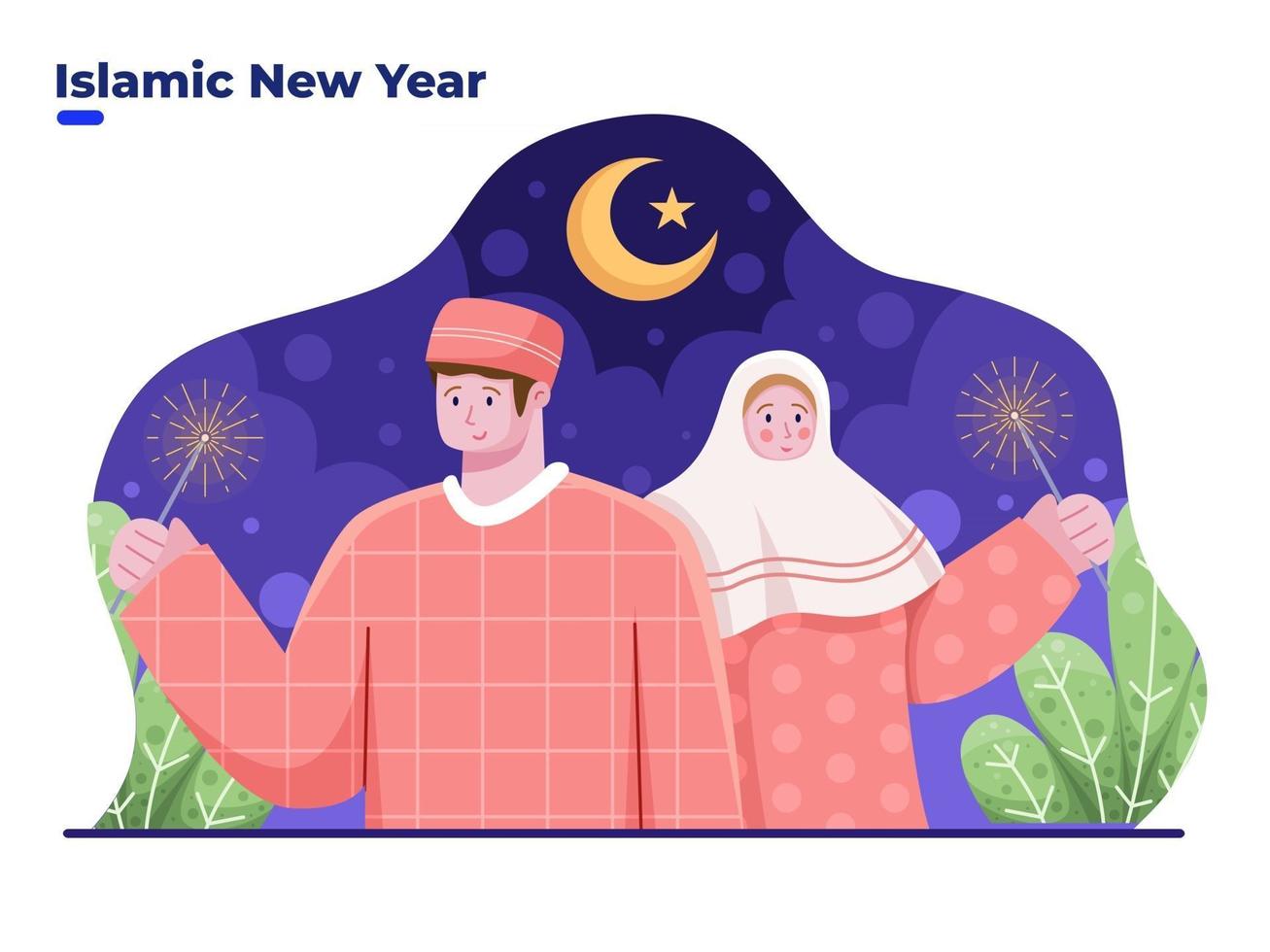 muslim couple celebrate islam new year, hijri new year, vector