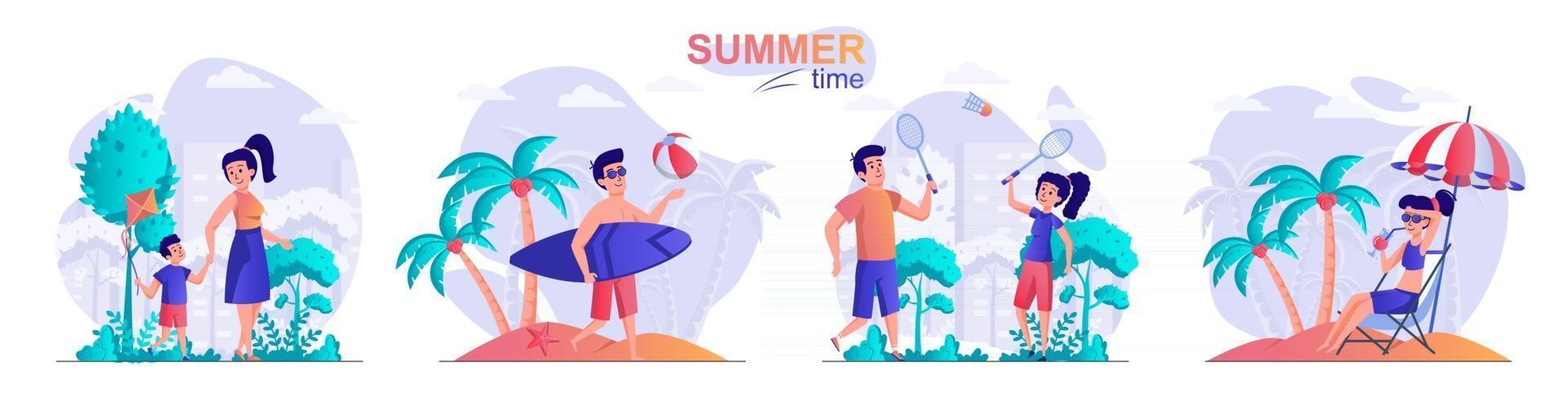 Summer time concept scenes set vector