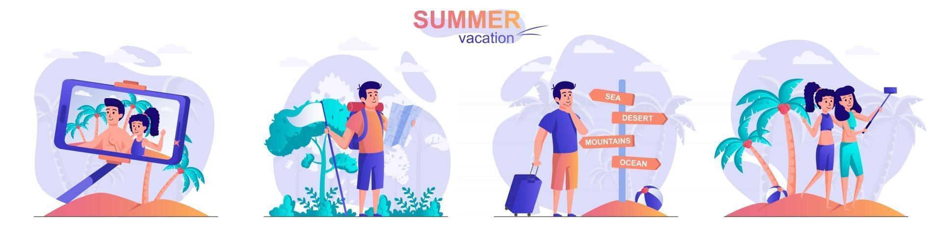 Summer vacation concept scenes set vector