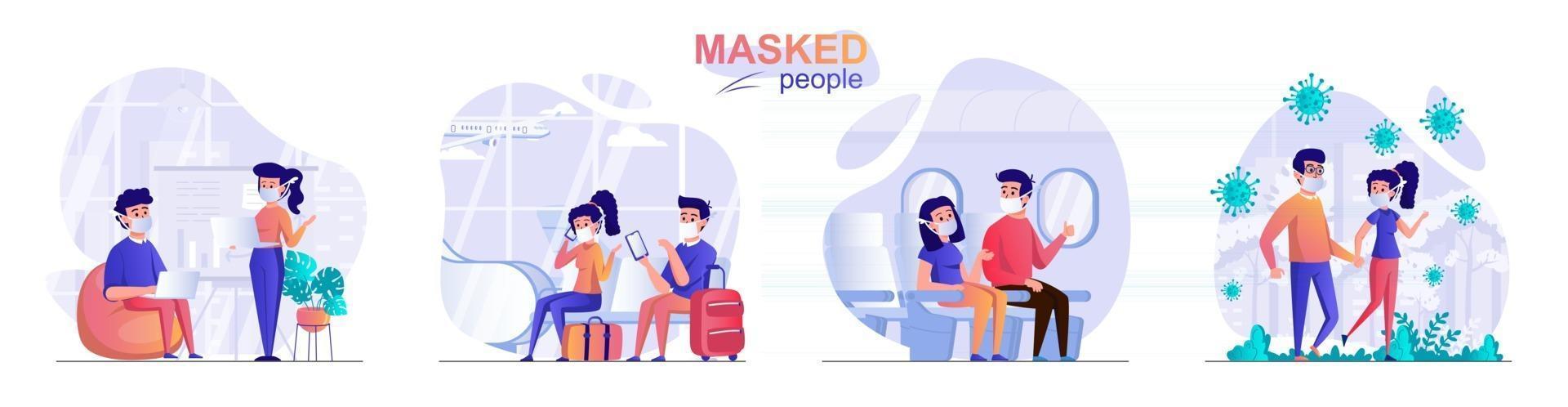 Masked people concept scenes set vector